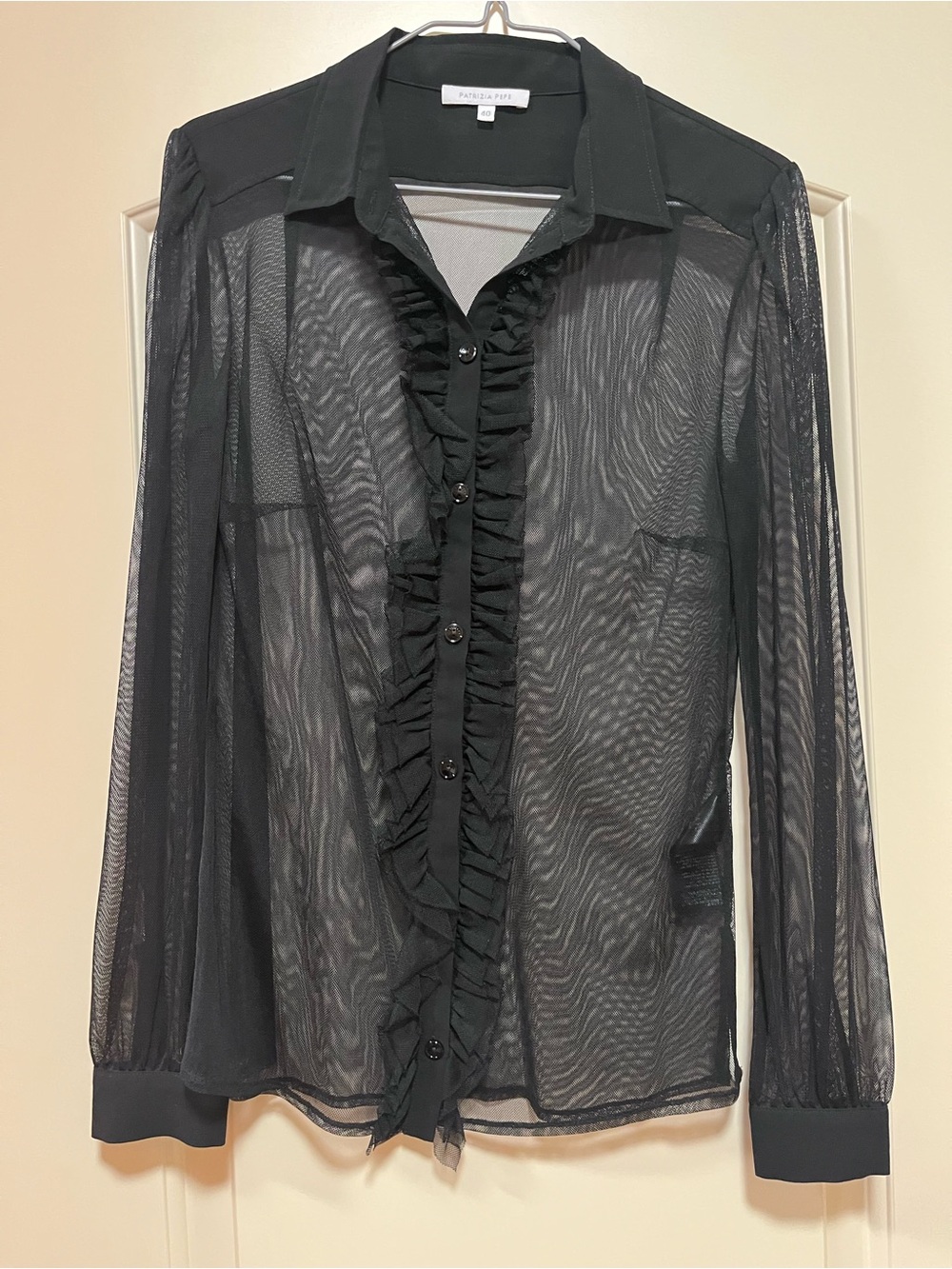 Patrizia Pepe Black Sheer Ruffle-Front Long Sleeve Blouse
